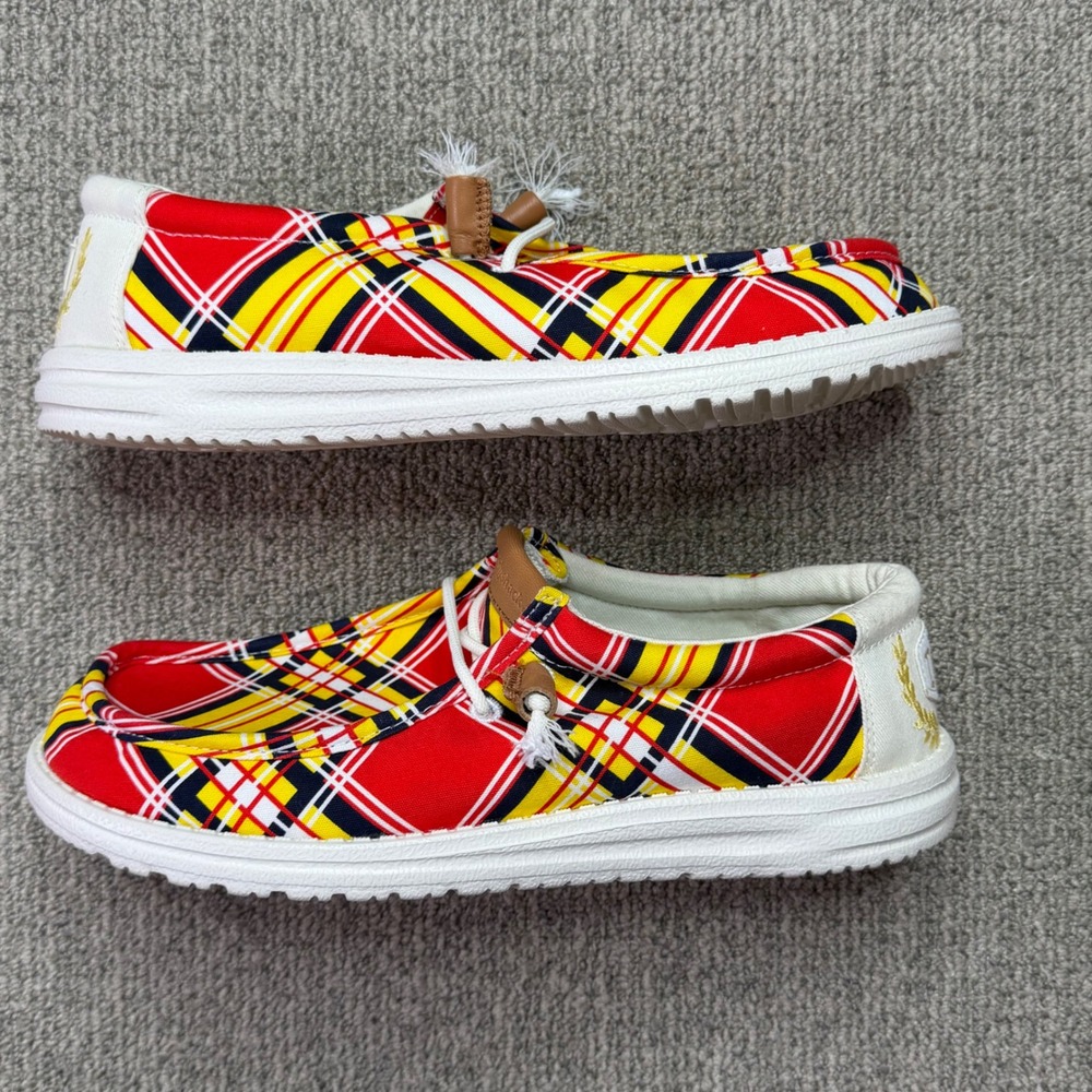 Hey Dude Wally Caddy Shack Plaid Shoes Mens Size 8 Red Yellow Slip On Sneakers